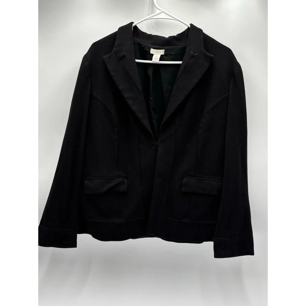 Chico's Women's Black Knit Blazer Jacket Size 3 XL Open Front Career Stretch